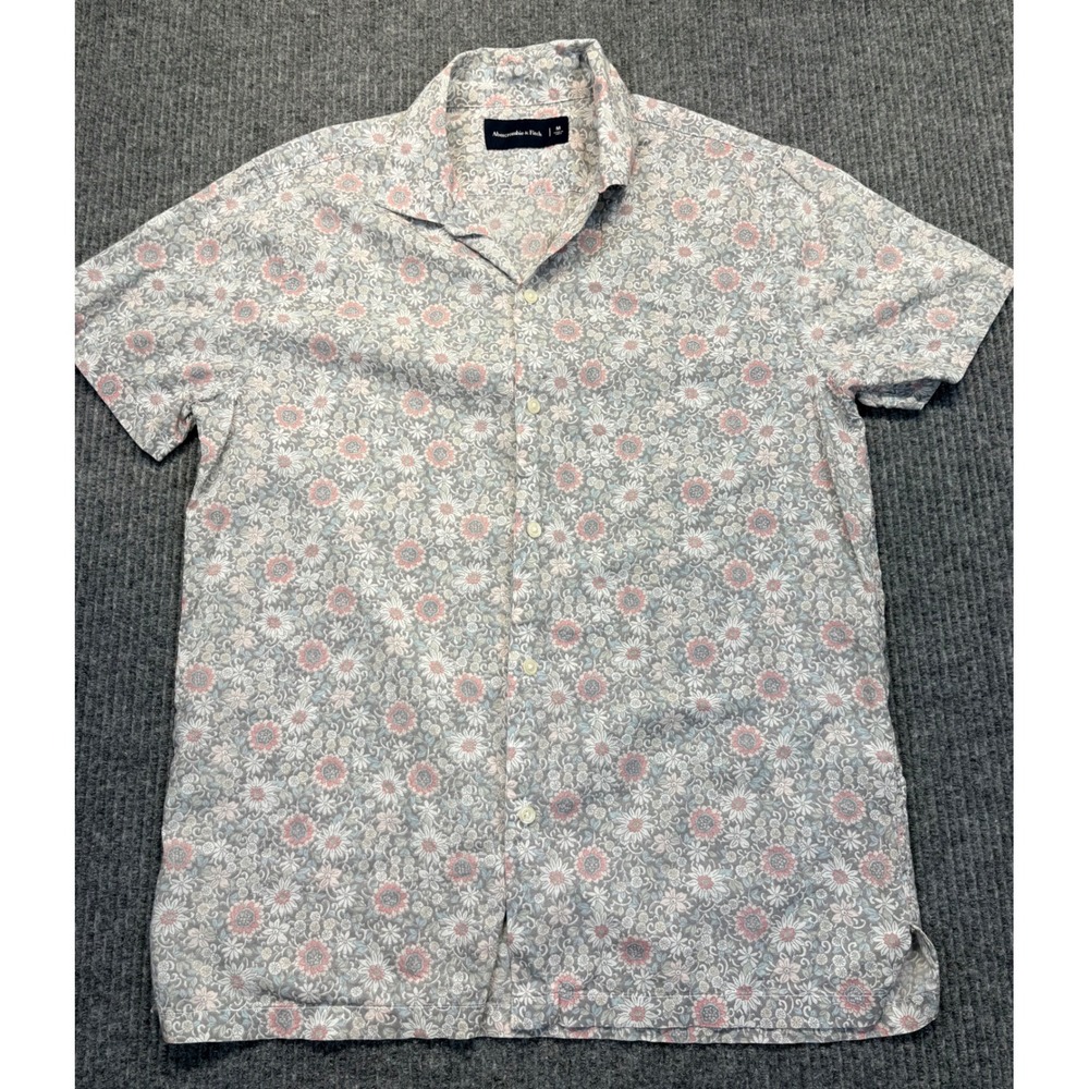 Abercrombie & Fitch Mens Medium Grey Pink Floral Short Sleeve Button Up Shirt